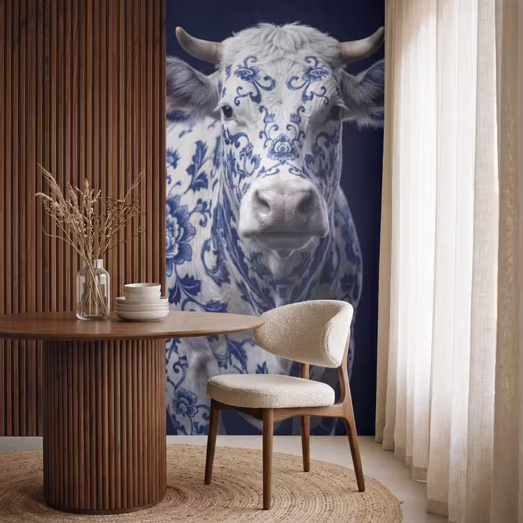 Koe - Delfts - Blauw - Artistiek Behang Vlies klein -sfeer1