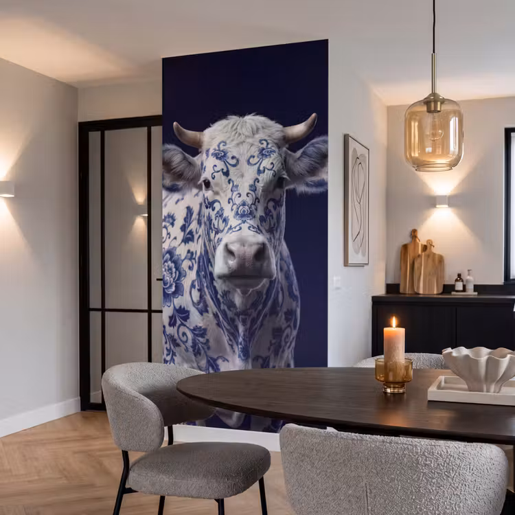 Koe - Delfts - Blauw - Artistiek Behang Vlies klein -sfeer3