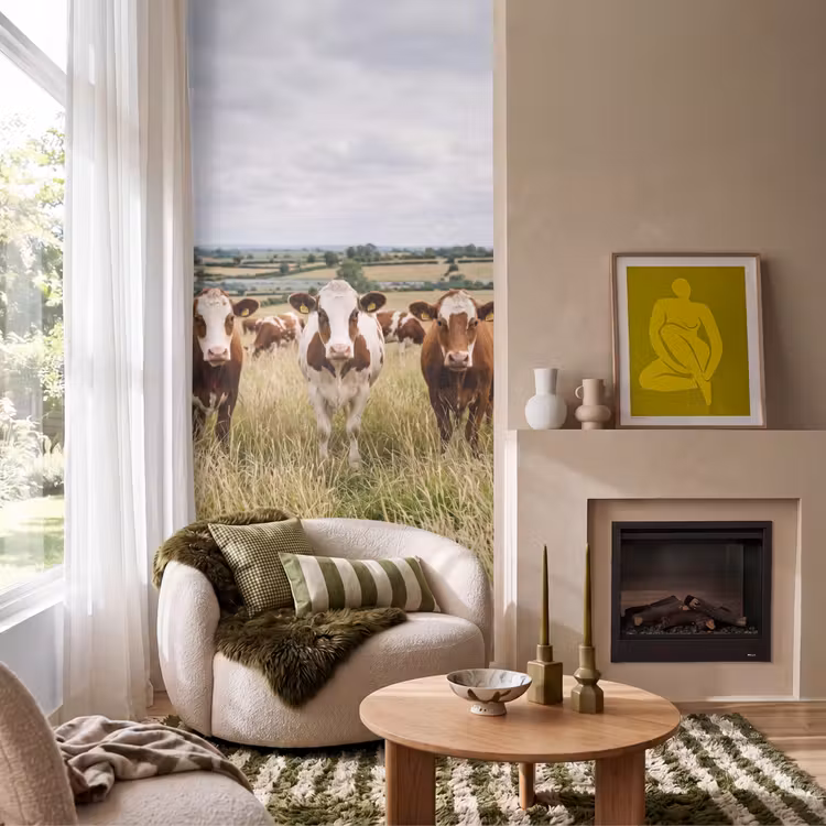 Koeien - Portret - Weide - Boerderij - Nieuwsgierig Behang Vlies klein -sfeer2