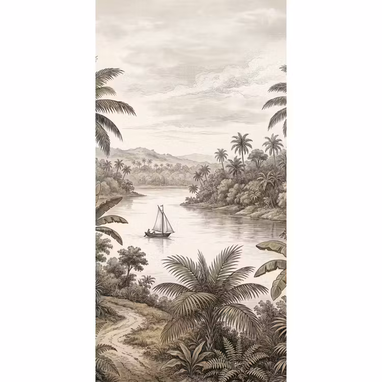 Landschap - Rivier - Boot - Tropisch - Vintage Behang Vlies klein -3d_website