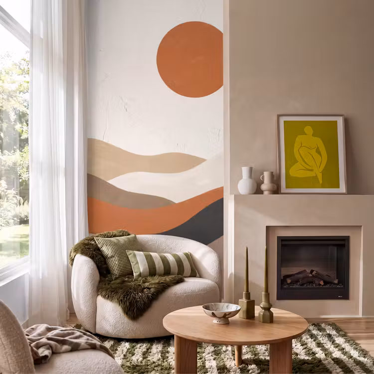 Landschap - Heuvels - Zon - Abstract - Oranje Behang Vlies klein -sfeer2