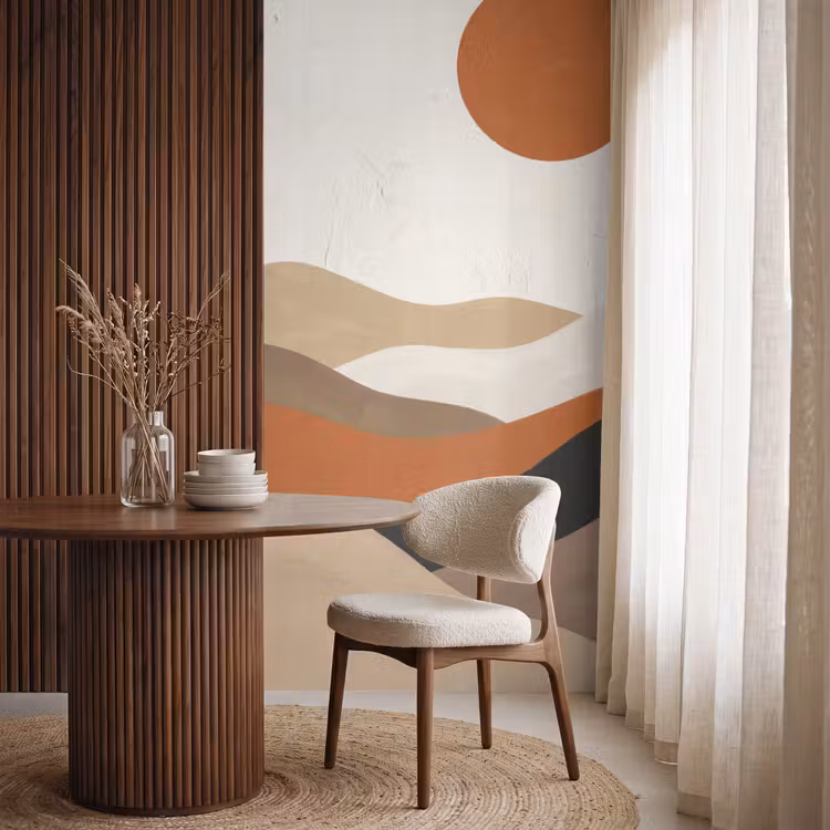 Landschap - Heuvels - Zon - Abstract - Oranje Behang Vlies klein -sfeer1