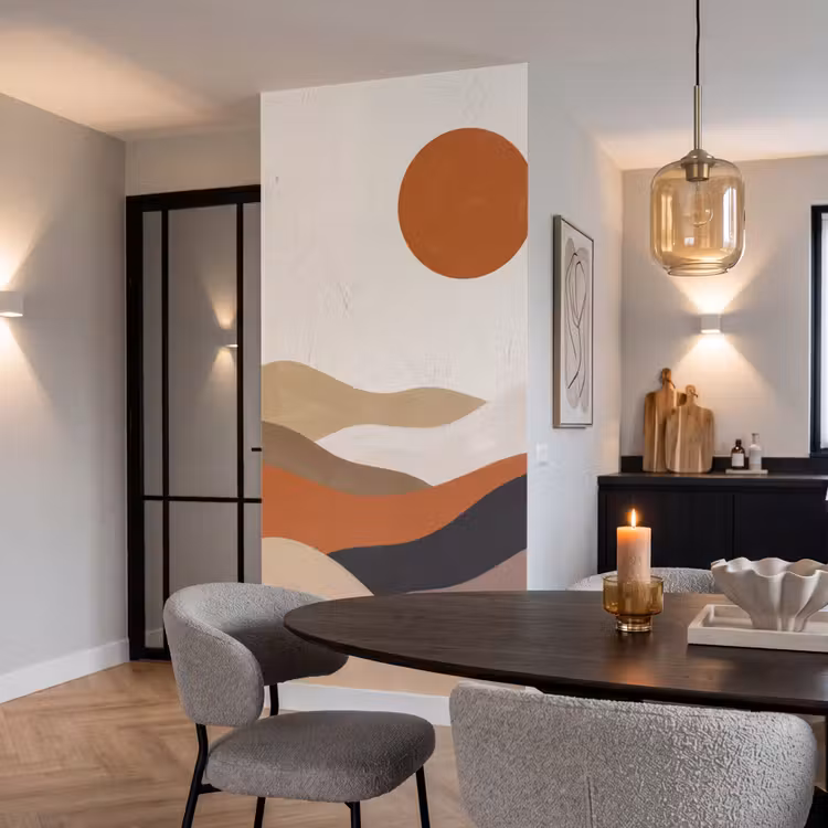 Landschap - Heuvels - Zon - Abstract - Oranje Behang Vlies klein -sfeer3