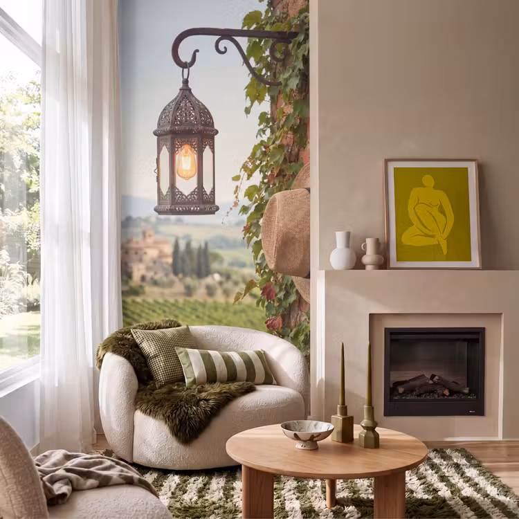 Lantaarn - Wijngaard - Landschap - Italiaans Behang Vlies klein -sfeer2