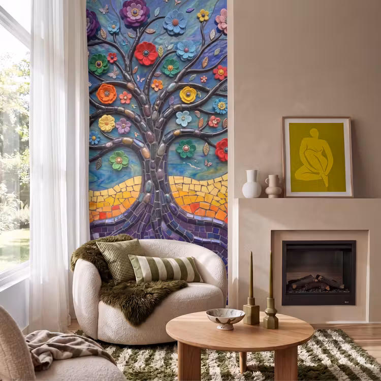 Levensboom - Mozaïek - Bloemen - Kleurrijk - Vrolijk Behang Vlies klein -sfeer2