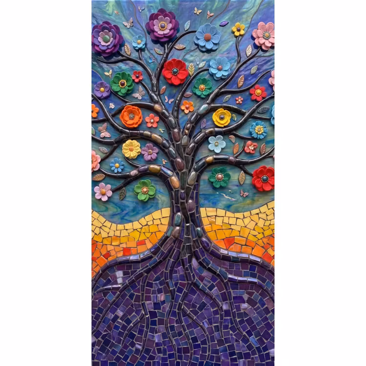 Levensboom - Mozaïek - Bloemen - Kleurrijk - Vrolijk Behang Vlies klein -3d_website