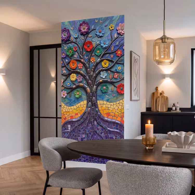 Levensboom - Mozaïek - Bloemen - Kleurrijk - Vrolijk Behang Vlies klein -sfeer3