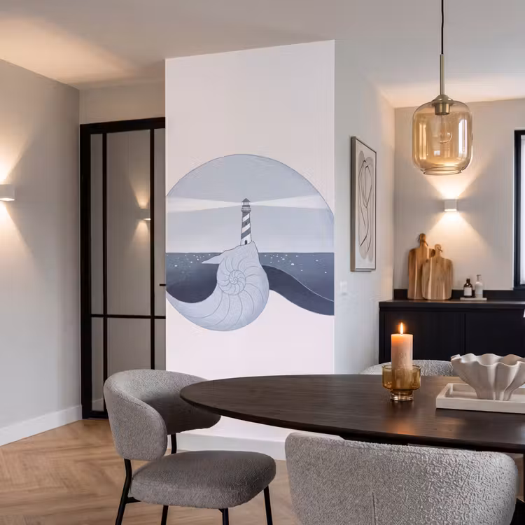 Vuurtoren - Zee - Schelp - Abstract - Blauw Behang Vlies klein -sfeer3