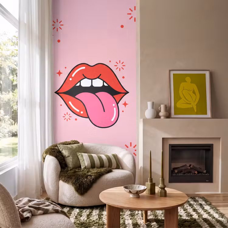 Lippen - Tong - Pop-art - Kleurrijk - Roze Behang Vlies klein -sfeer2