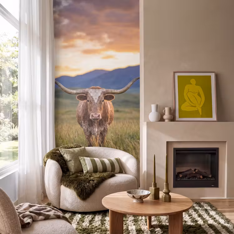 Longhorn - Landschap - Zonsondergang Behang Vlies klein -sfeer2