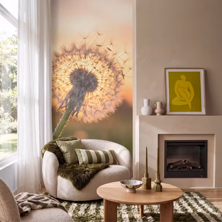 Paardenbloem - Zonsondergang - Veld Behang Vlies klein -sfeer2
