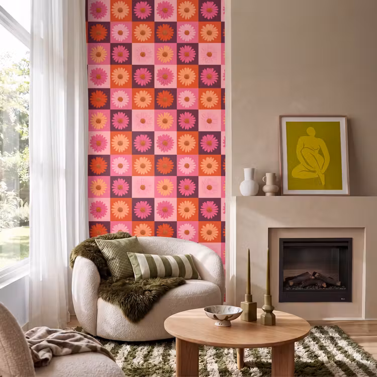 Madeliefjes - Dambord - Retro - Roze - Oranje Behang Vlies klein 1076 -sfeer2