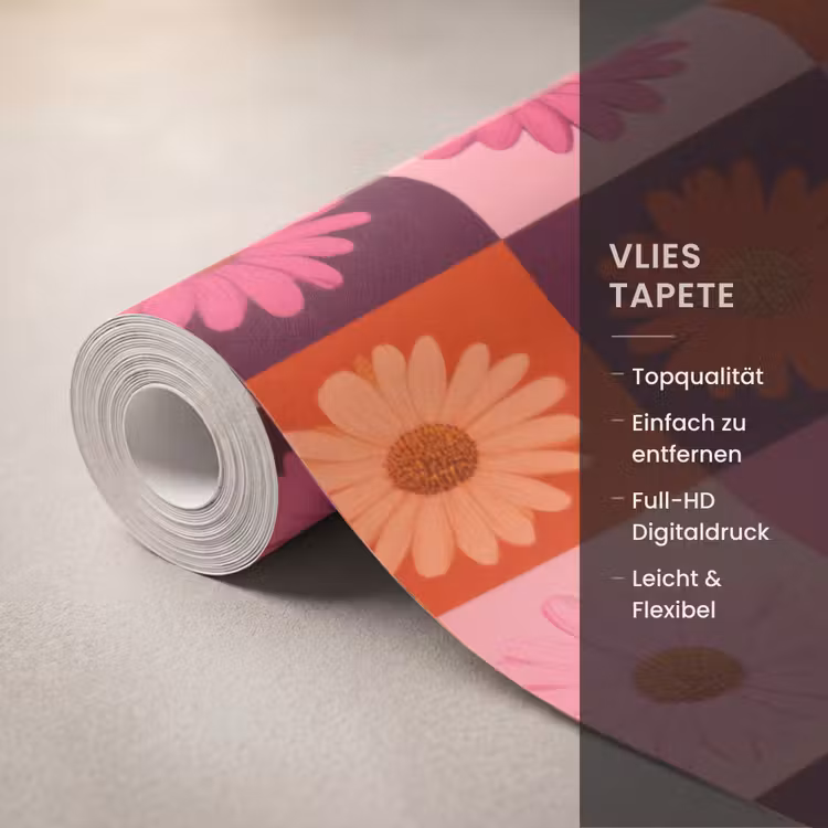Madeliefjes - Dambord - Retro - Roze - Oranje Behang Vlies klein 1076 -USP_closeupDE