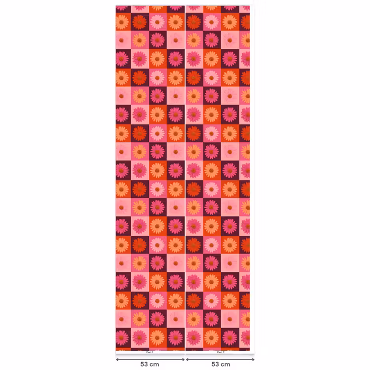 Madeliefjes - Dambord - Retro - Roze - Oranje Behang Vlies klein 1076 -USP_banen
