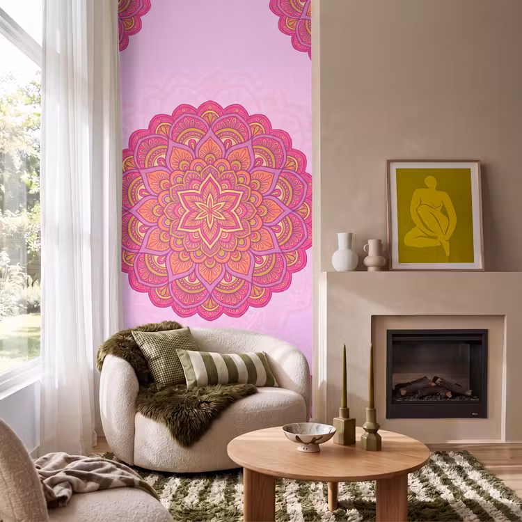 Mandala - Cirkel - Spiritueel - Oosters - Roze Behang Vlies klein -sfeer2