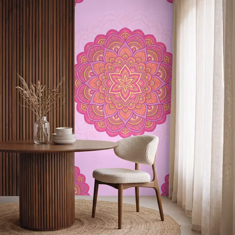 Mandala - Cirkel - Spiritueel - Oosters - Roze Behang Vlies klein -sfeer1