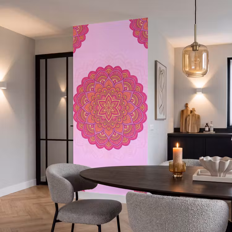 Mandala - Cirkel - Spiritueel - Oosters - Roze Behang Vlies klein -sfeer3