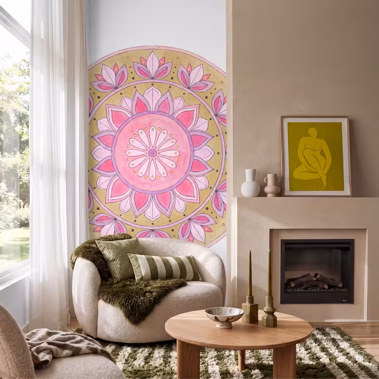 Mandala - Patroon - Kunst - Aquarel - Roze Behang Vlies klein -sfeer2