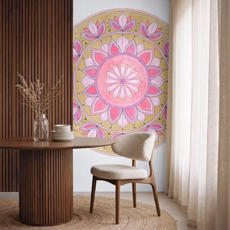 Mandala - Patroon - Kunst - Aquarel - Roze Behang Vlies klein -sfeer1