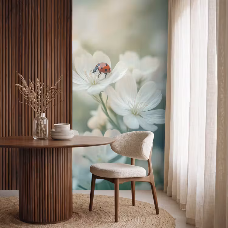 Lieveheersbeestje - Bloemen - Wit Behang Vlies klein -sfeer1