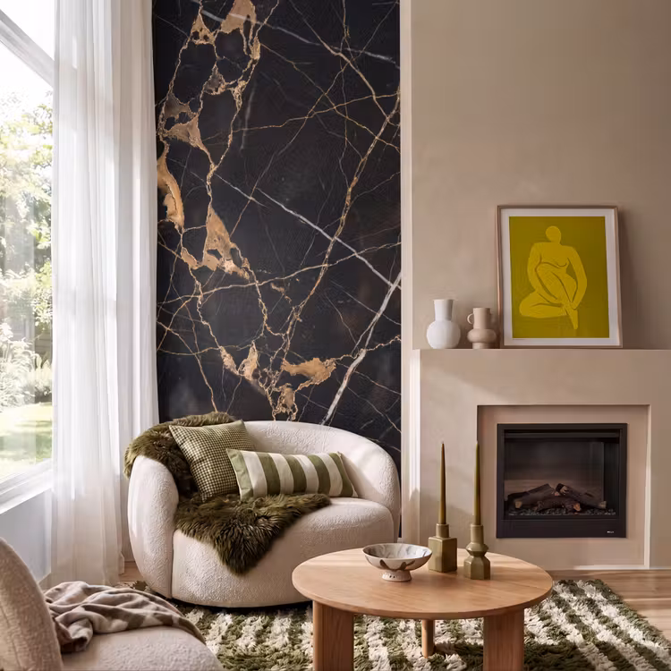 Marmer - Goud - Abstract - Zwart Behang Vlies klein -sfeer2