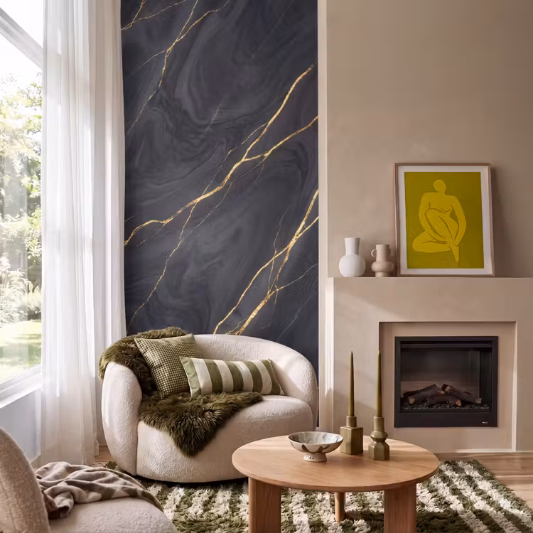 Marmer - Goudaders - Abstract - Modern - Zwart Behang Vlies klein -sfeer2
