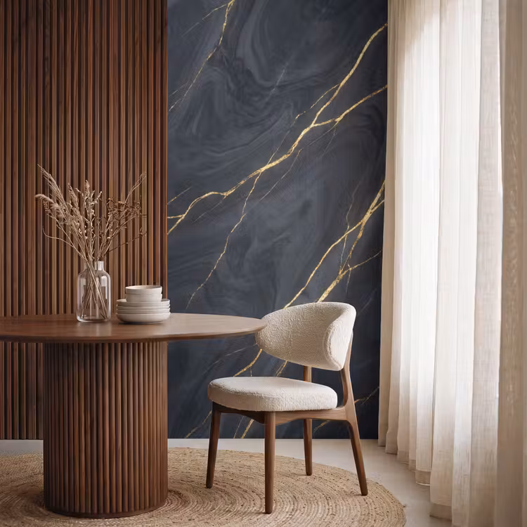 Marmer - Goudaders - Abstract - Modern - Zwart Behang Vlies klein -sfeer1