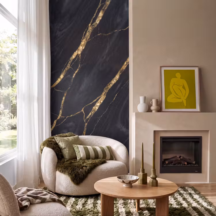 Marmer - Gouden aders - Abstract - Zwart Behang Vlies klein -sfeer2