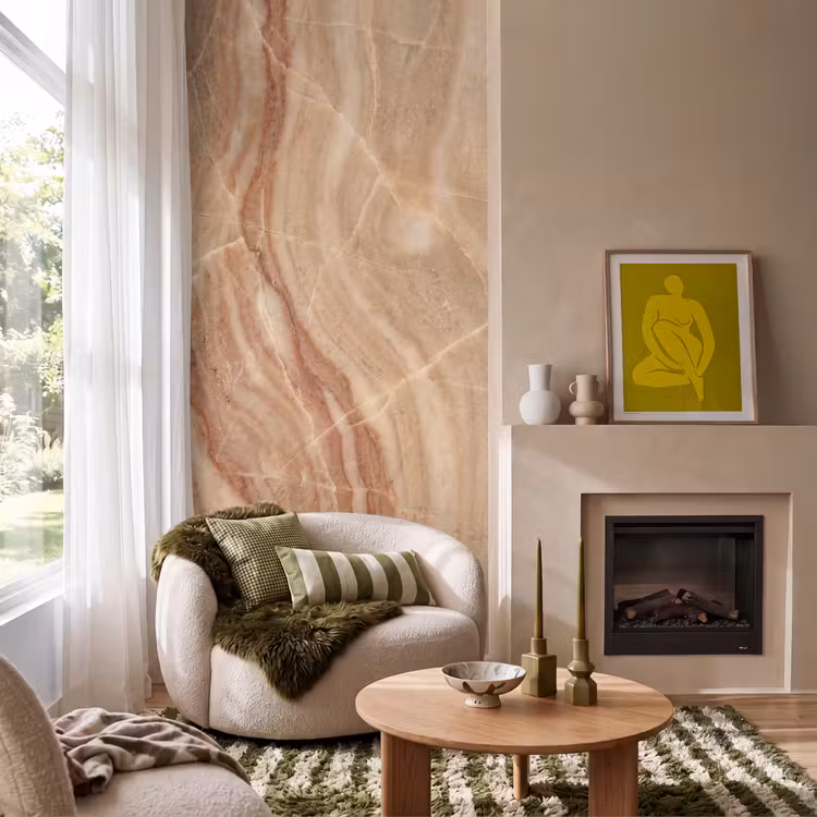 Marmer - Ader - Natuur - Abstract - Beige Behang Vlies klein -sfeer2