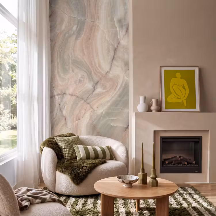 Marmer - Patroon - Abstract - Beige - Groen Behang Vlies klein -sfeer2