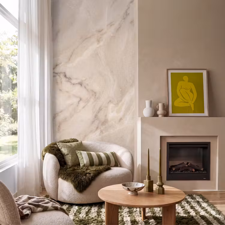 Marmer - Patroon - Abstract - Modern - Beige Behang Vlies klein -sfeer2