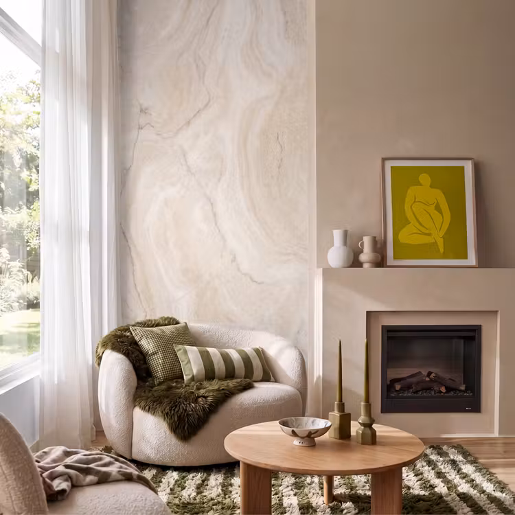 Marmer - Patroon - Beige - Steen - Abstract Behang Vlies klein -sfeer2