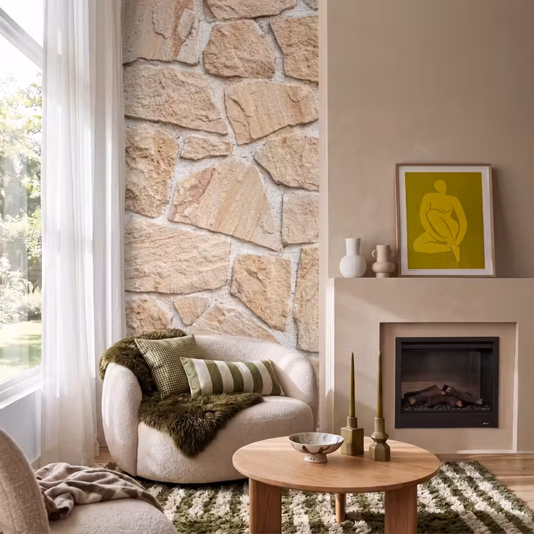 Muur - Steen - Patroon - Rustiek - Beige Behang Vlies klein -sfeer2
