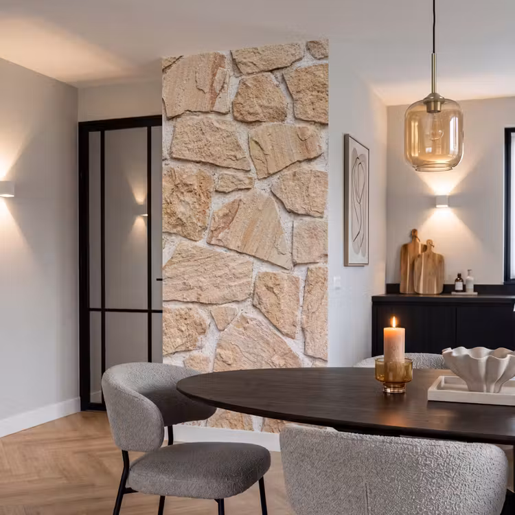 Muur - Steen - Patroon - Rustiek - Beige Behang Vlies klein -sfeer3