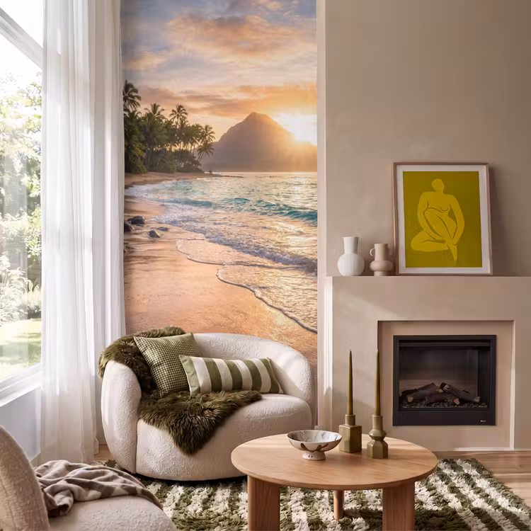Zee - Berg - Landschap - Tropisch - Goud Behang Vlies klein -sfeer2