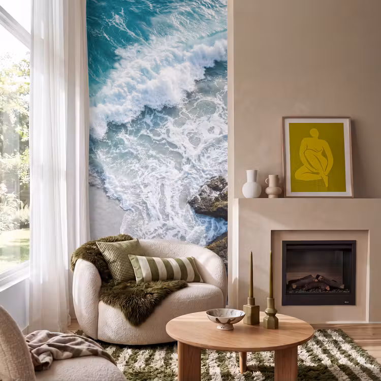 Zee - Golf - Strand - Natuur - Blauw Behang Vlies klein -sfeer2