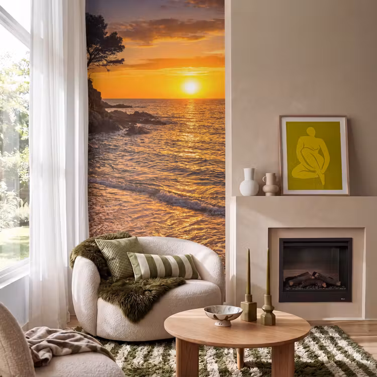 Zee - Kust - Zonsondergang - Natuur - Oranje Behang Vlies klein -sfeer2