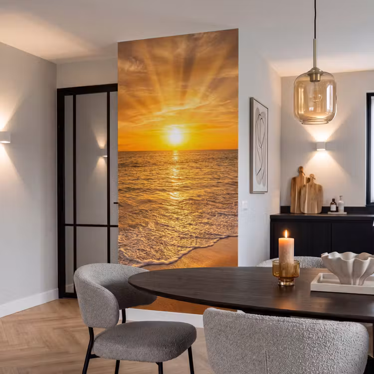 Zee - Zonsondergang - Golven - Kust - Oranje Behang Vlies klein -sfeer3