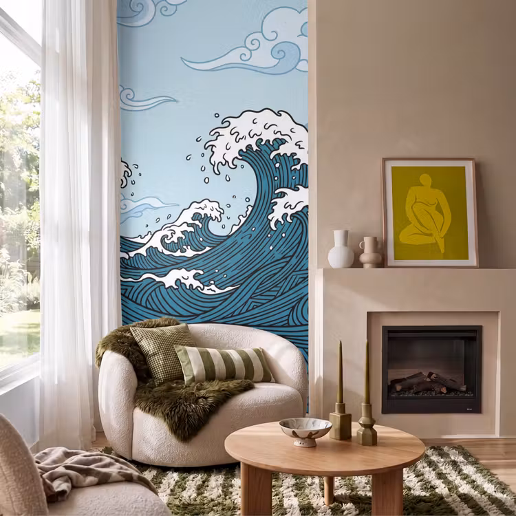 Zee - Golven - Japans - Natuur - Blauw Behang Vlies klein -sfeer2