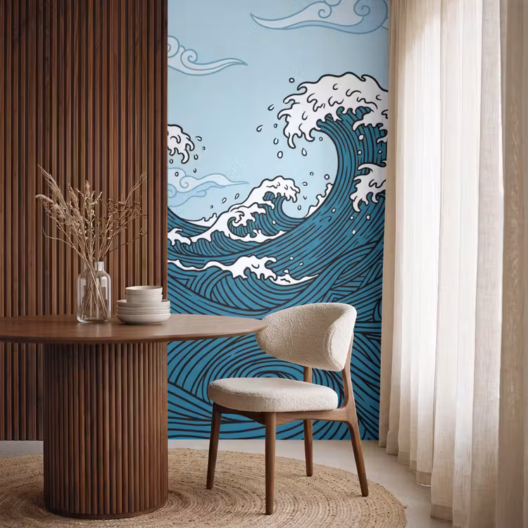 Zee - Golven - Japans - Natuur - Blauw Behang Vlies klein -sfeer1
