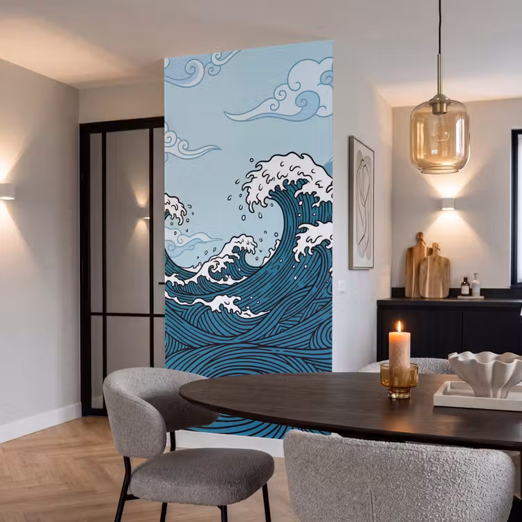 Zee - Golven - Japans - Natuur - Blauw Behang Vlies klein -sfeer3