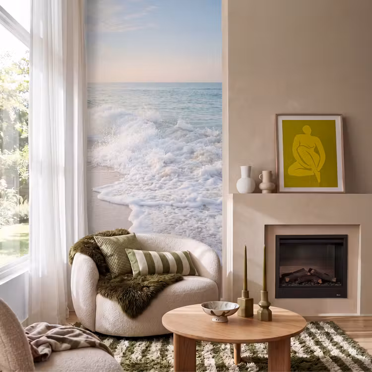 Zee - Golven - Strand - Natuur - Wit Behang Vlies klein -sfeer2