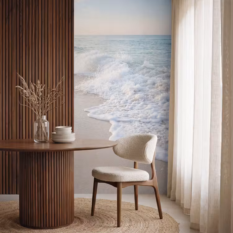 Zee - Golven - Strand - Natuur - Wit Behang Vlies klein -sfeer1