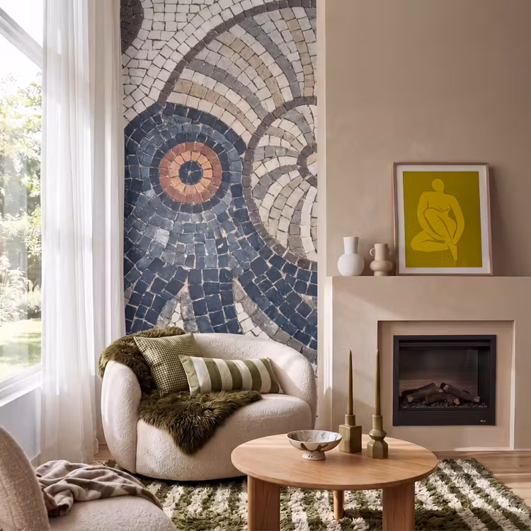 Zeeleven - Mozaïek - Kunst - Vintage - Beige Behang Vlies klein -sfeer2