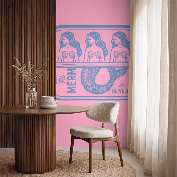 Meermin - Sardineblik - Illustratie - Roze - Retro Behang Vlies klein -sfeer1