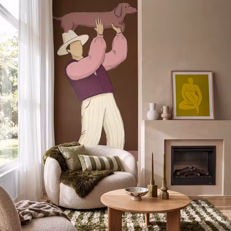 Mens - Hond - Dieren - Abstract - Roze Behang Vlies klein -sfeer2
