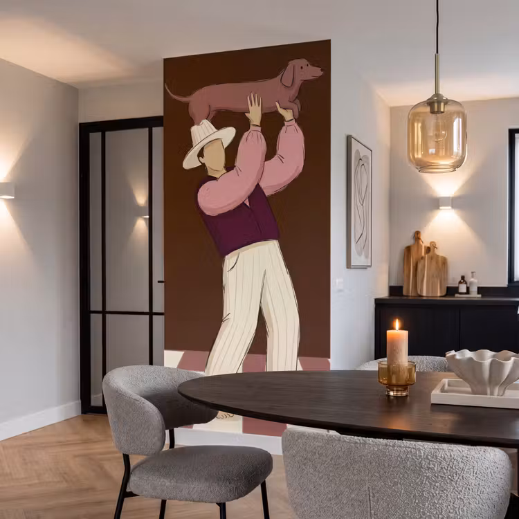 Mens - Hond - Dieren - Abstract - Roze Behang Vlies klein -sfeer3