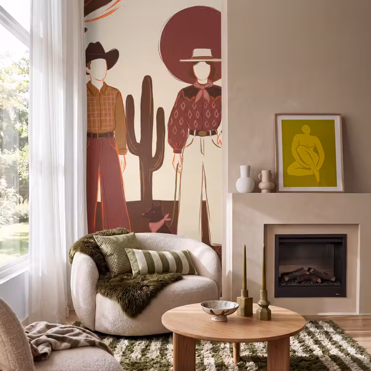 Mensen - Cowboykleding - Westerse stijl - Illustratie - Bruin Behang Vlies klein -sfeer2