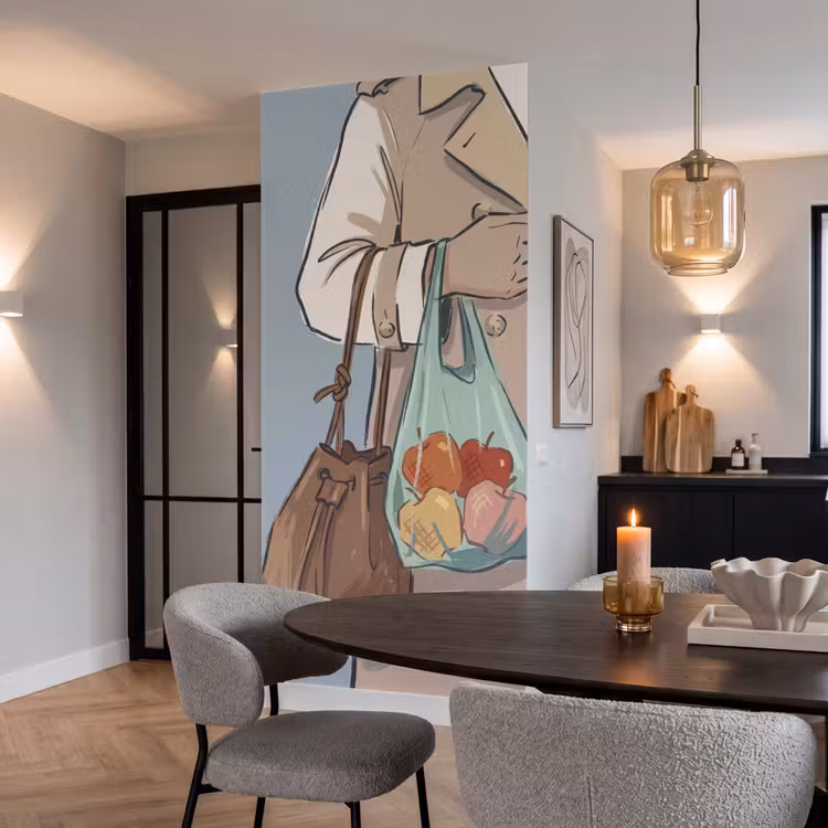 Mensen - Boodschappen - Stadsleven - Modern - Kleurrijk Behang Vlies klein -sfeer3