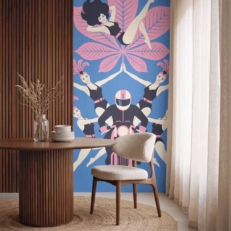 Mensen - Dans - Motor - Retro - Roze Behang Vlies klein -sfeer1